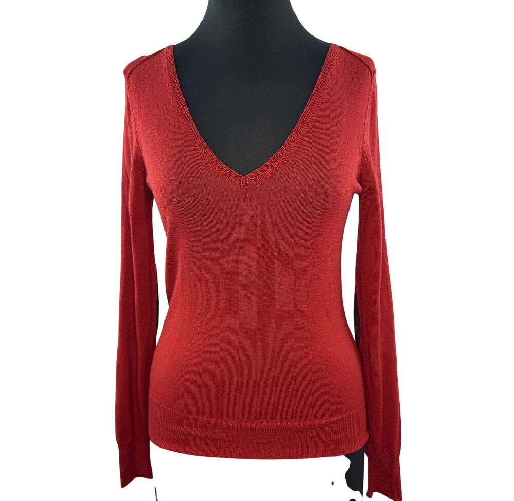 Kookai Red Sweater Wool Rib Knit Deep V-Neck Elbow Patch Long Sleeve Top Size 1